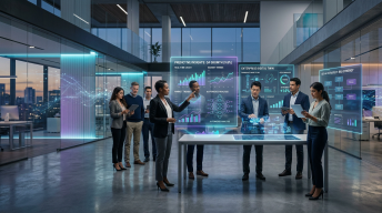 Enterprise intelligence team reviewing AI-powered analytics